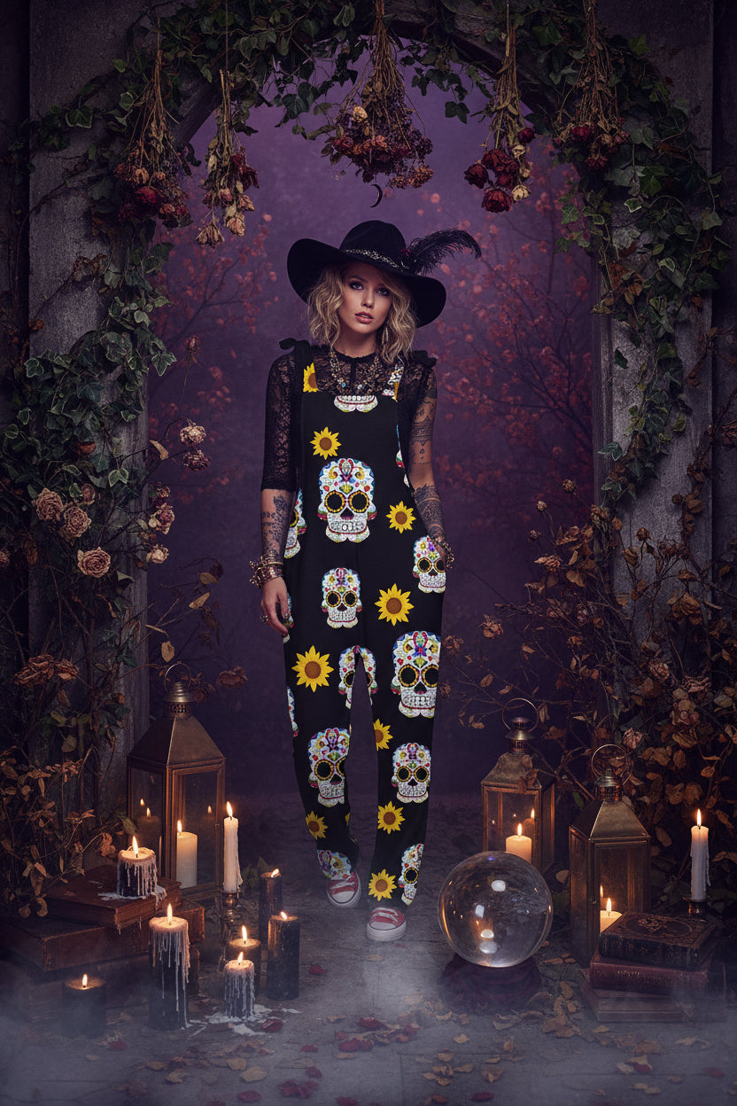 A woman modeling a black sleeveless jumpsuit with a colorful sugar skull and yellow sunflower print, styled with a white tank top and red sneakers.