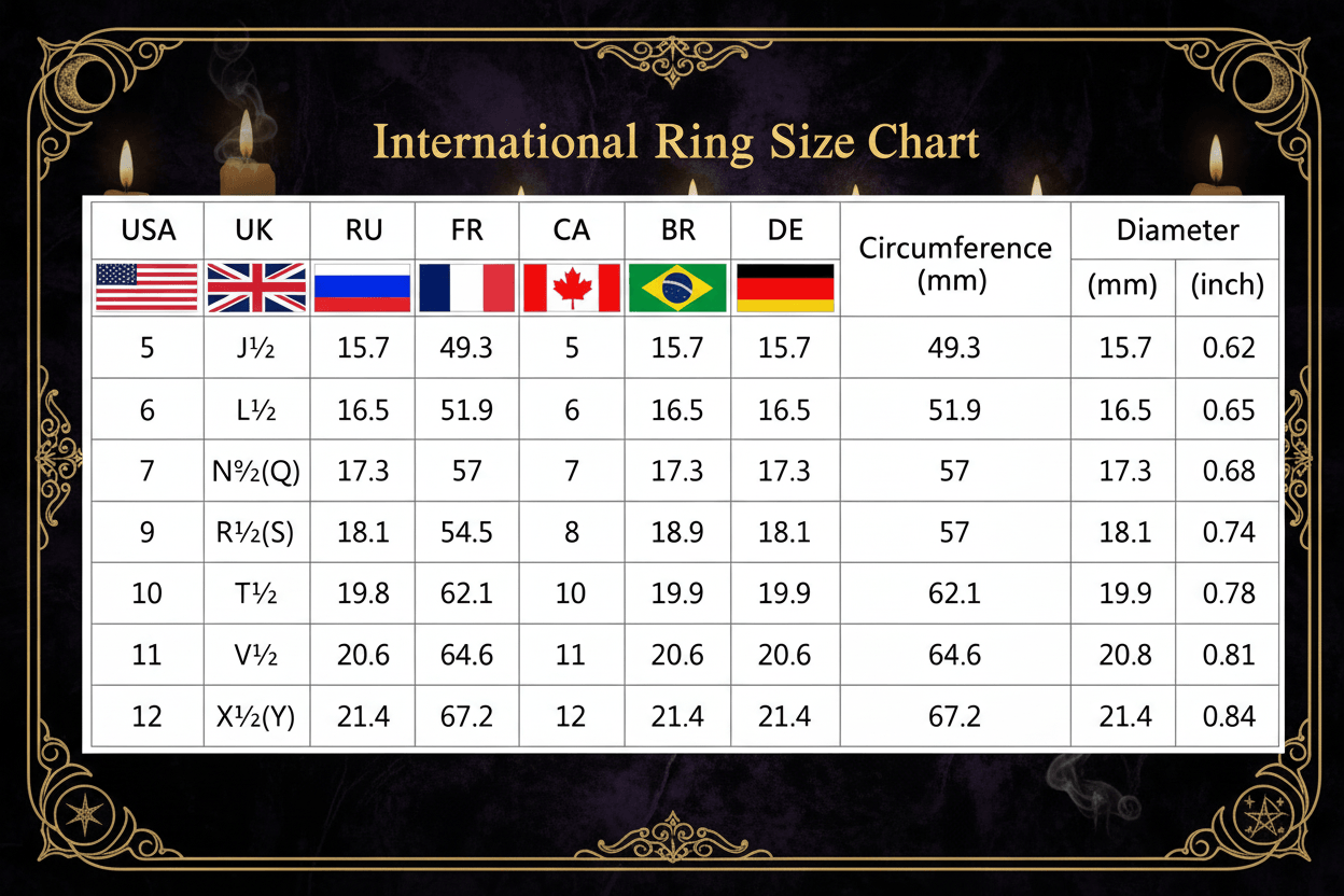 International Ring Size Chart with various country flags and measurements
