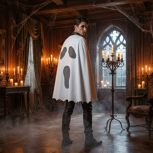 White ghost-themed shirt with black footprints on a white background