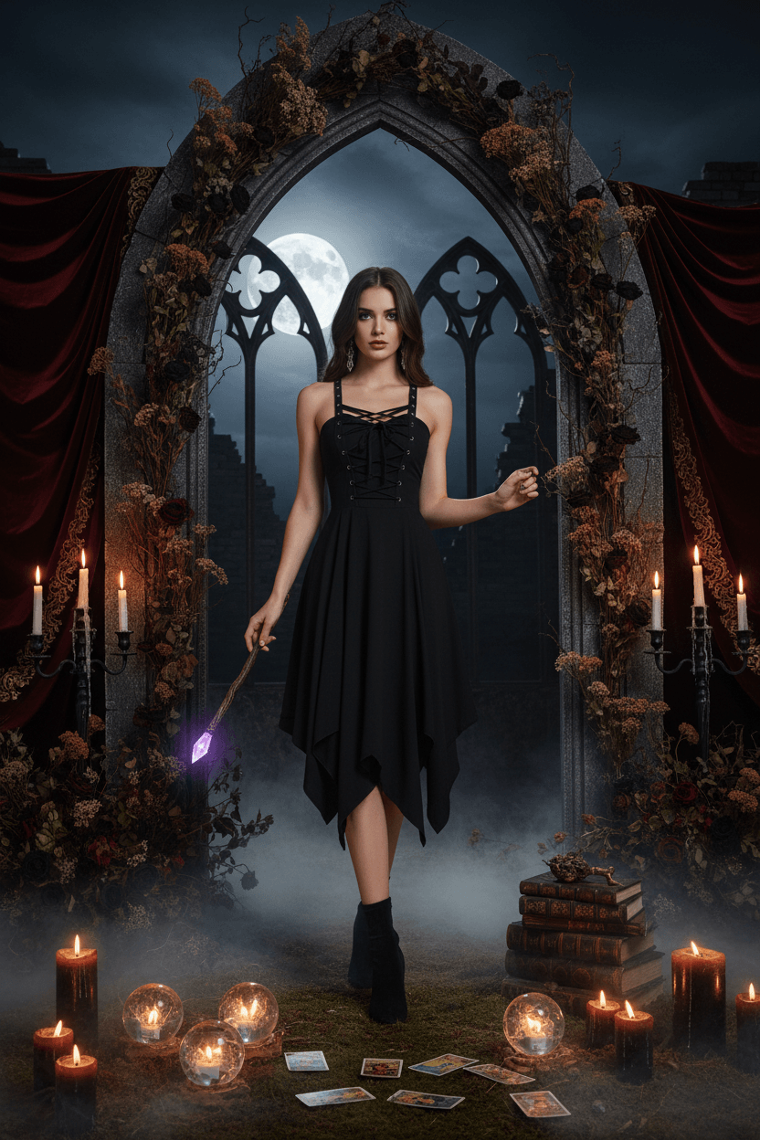 A woman stands in a gothic stone archway scene wearing a black sleeveless dress and black ankle boots, holding a glowing purple wand. The setting includes candles, draped red curtains, tarot cards, books, and a full moon in the background.