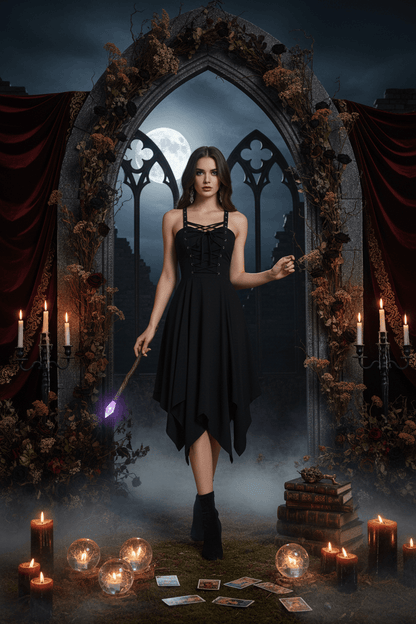 A woman stands in a gothic stone archway scene wearing a black sleeveless dress and black ankle boots, holding a glowing purple wand. The setting includes candles, draped red curtains, tarot cards, books, and a full moon in the background.