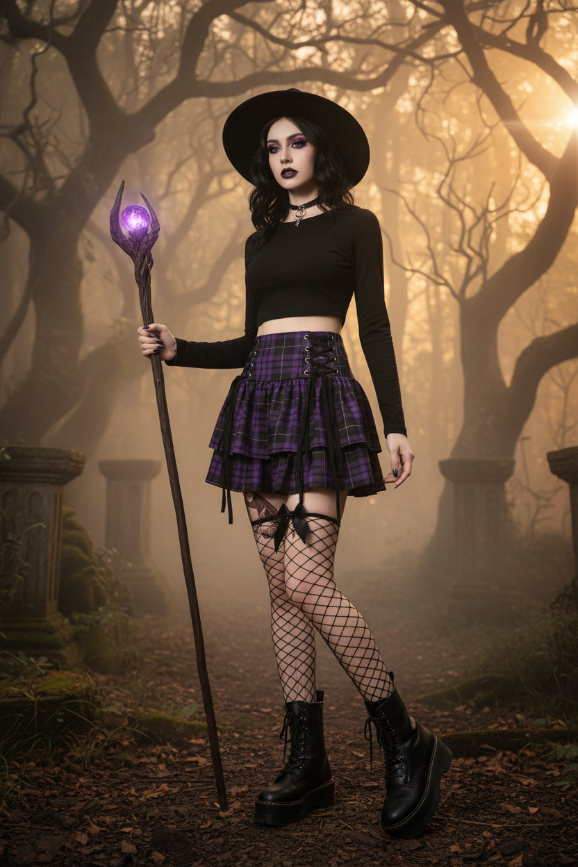 Person wearing a purple plaid skirt with black accents, holding a book.