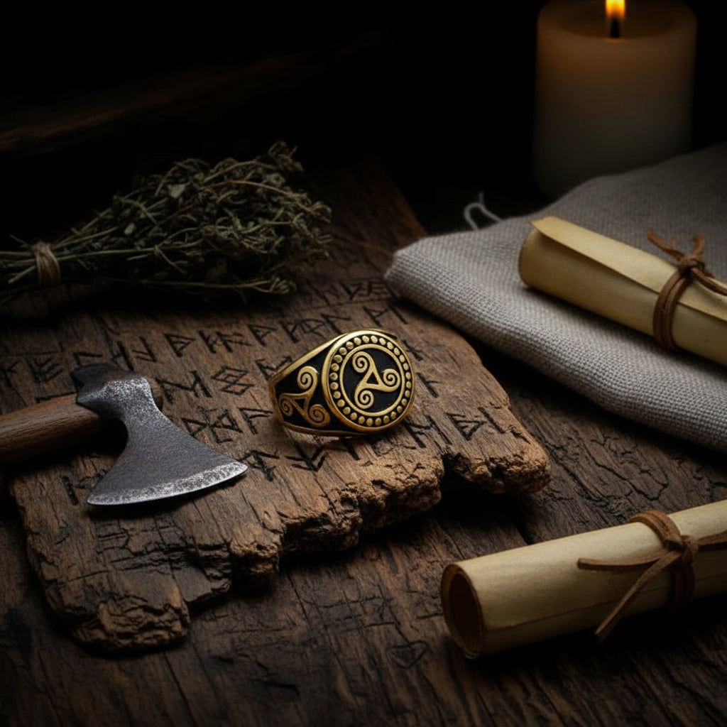 A gold and black Viking-style ring with a raised letter 'A' and ornate scrollwork, resting on a dark wood surface.