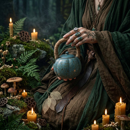 Hand holding a blue ceramic teapot with a textured handle against a dark background