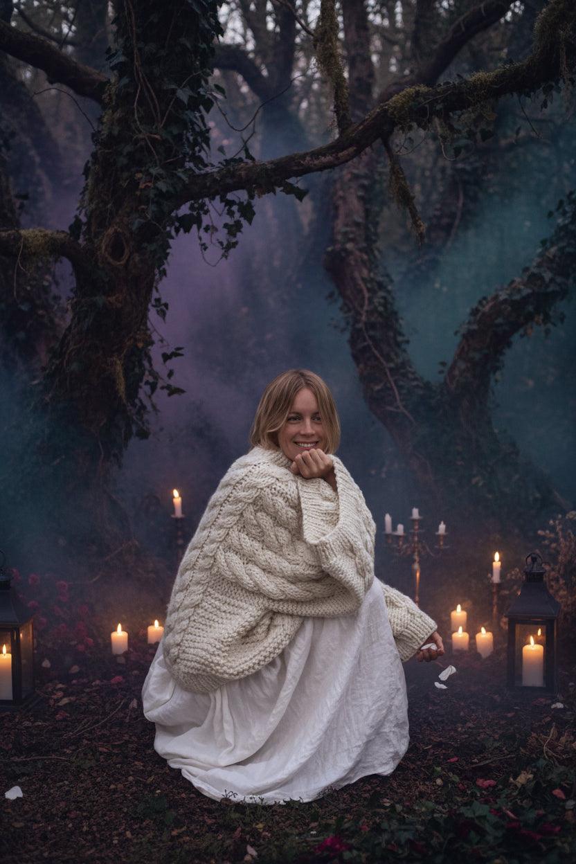 Woman in a white dress and beige knitted cardigan sitting in a garden.