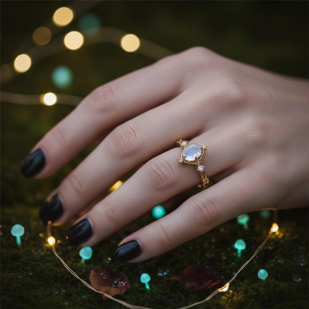 Gold ring with a central gemstone on a textured surface with dried leaves in the background
