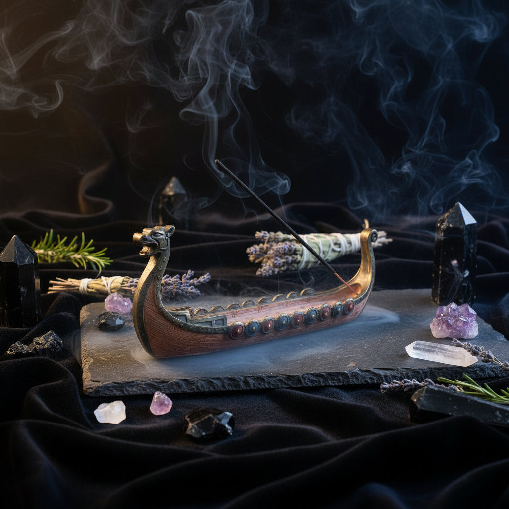Viking ship incense burner with a single incense stick on a white background