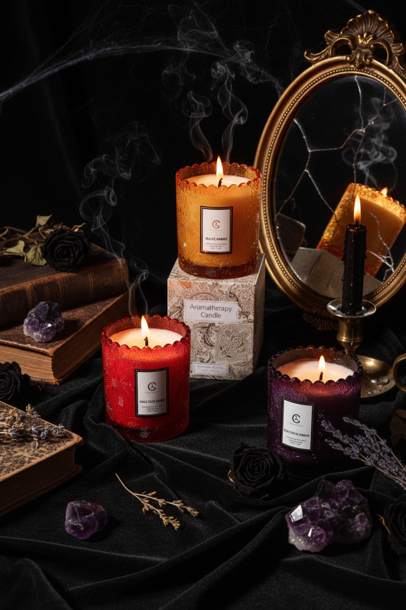 Three scented candles in red, purple, and amber on a light surface with a neutral background.
