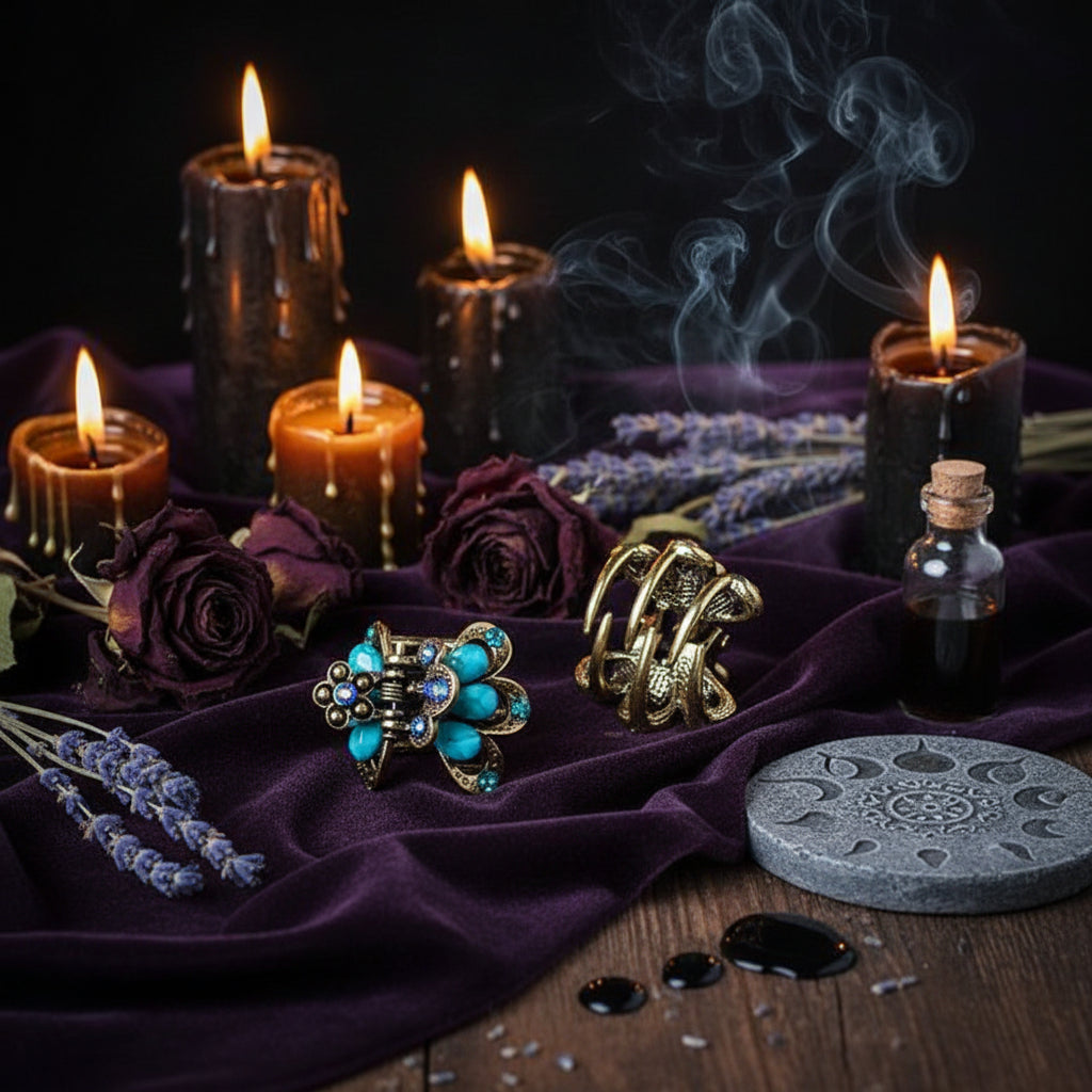 A pair of ornate gold-tone claw-style earrings with turquoise blue beads and small blue rhinestones, displayed on a wooden surface with a crackle-glaze ceramic bowl in the background. The brand name 'muylinda' is visible in the top left corner.