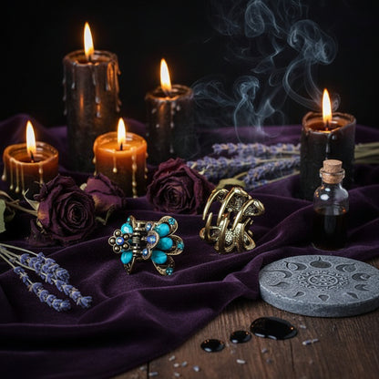 A pair of ornate gold-tone claw-style earrings with turquoise blue beads and small blue rhinestones, displayed on a wooden surface with a crackle-glaze ceramic bowl in the background. The brand name 'muylinda' is visible in the top left corner.