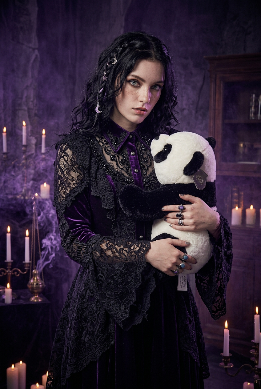 A young girl with braided hair holds a large black and white panda plush toy in a brightly lit room. She is wearing a white graphic t-shirt and denim shorts.