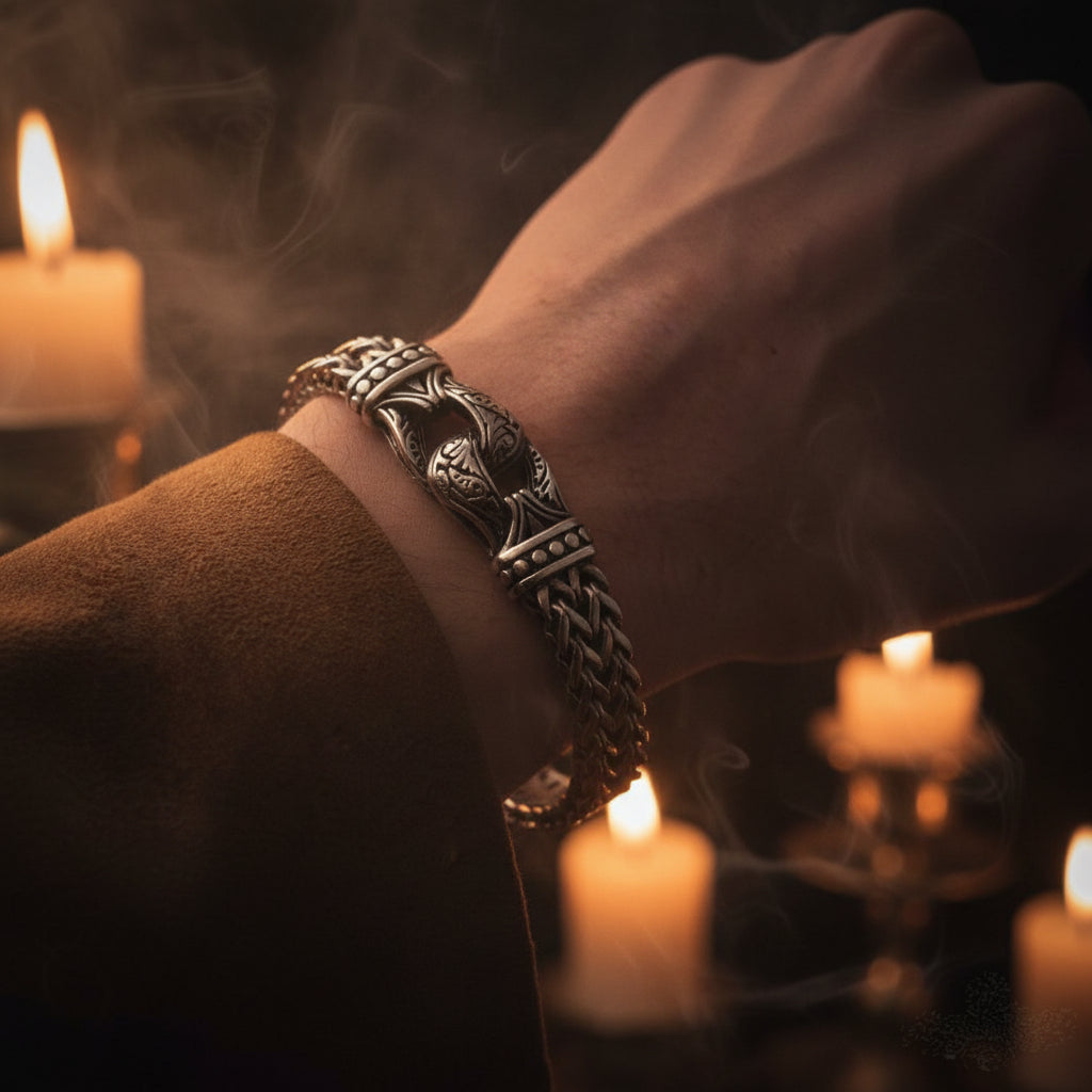 A close-up of a hand wearing a silver-toned braided bracelet with an ornate central clasp, styled with a brown suede sleeve.
