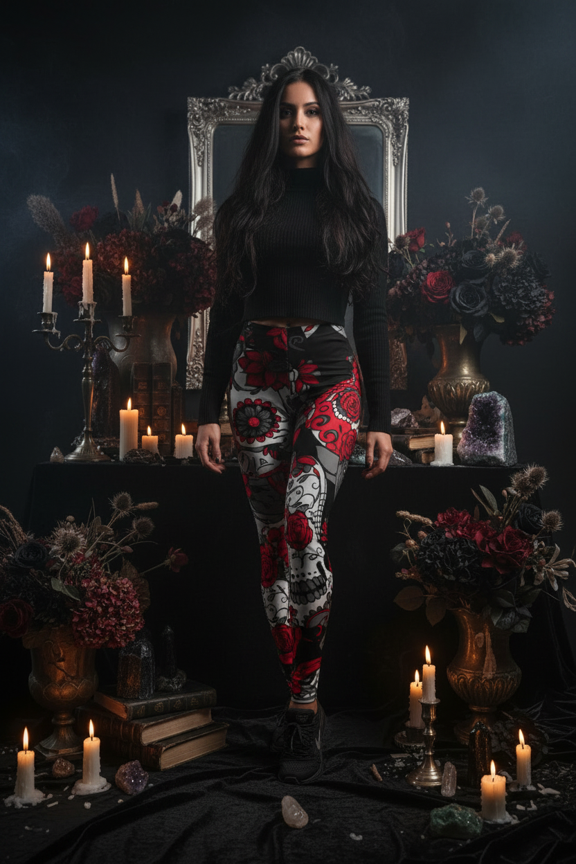 Colorful Skull Floral Leggings with Digital Print Sorceress Sanctuary