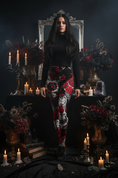 Colorful Skull Floral Leggings with Digital Print Sorceress Sanctuary