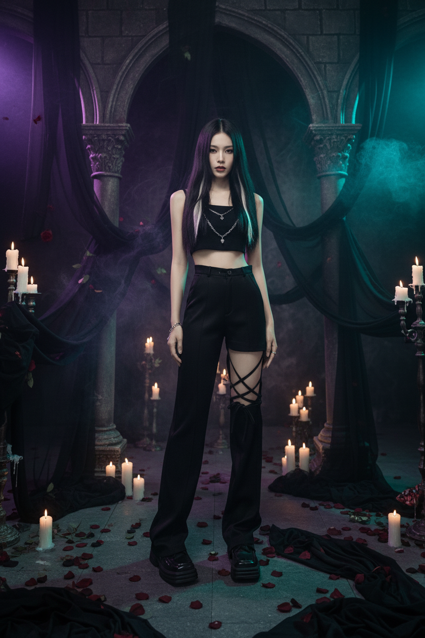 A model wearing a black sleeveless crop top and high-waisted black wide-leg pants with criss-cross lace-up details on the lower legs, standing against a textured gray concrete wall.