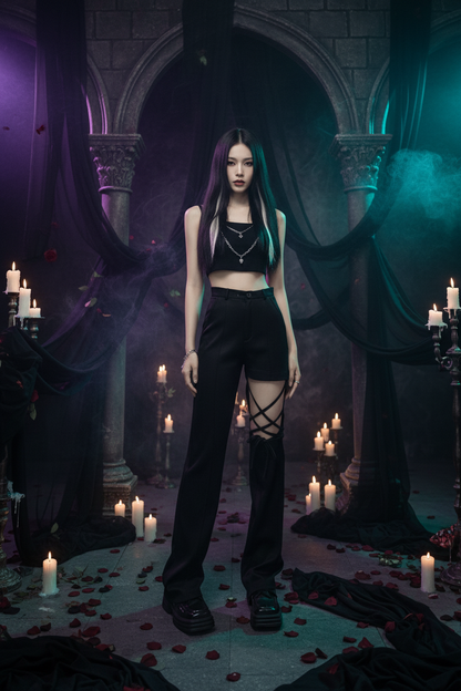 A model wearing a black sleeveless crop top and high-waisted black wide-leg pants with criss-cross lace-up details on the lower legs, standing against a textured gray concrete wall.