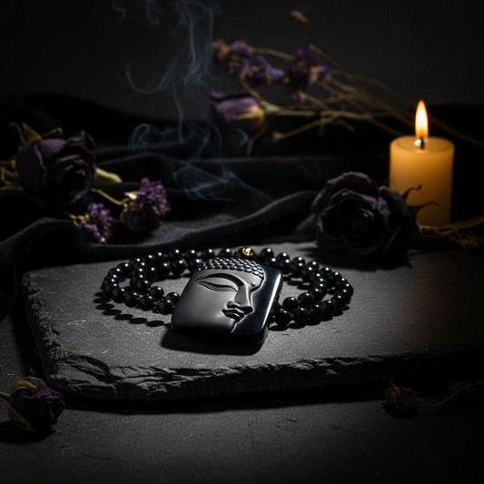 A black beaded necklace with a carved black Buddha face pendant, displayed on a clean white background with its black cord tied behind it.
