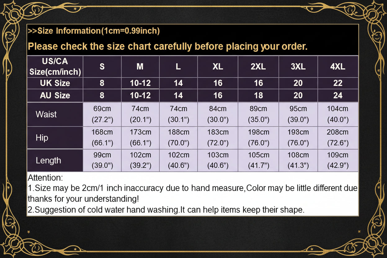 A size chart table showing measurements in centimeters and inches for waist, hip, and length across sizes S through 5XL, with US/CA size numbers and a blue header reading size information.