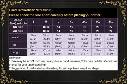 A size chart table showing measurements in centimeters and inches for waist, hip, and length across sizes S through 5XL, with US/CA size numbers and a blue header reading size information.
