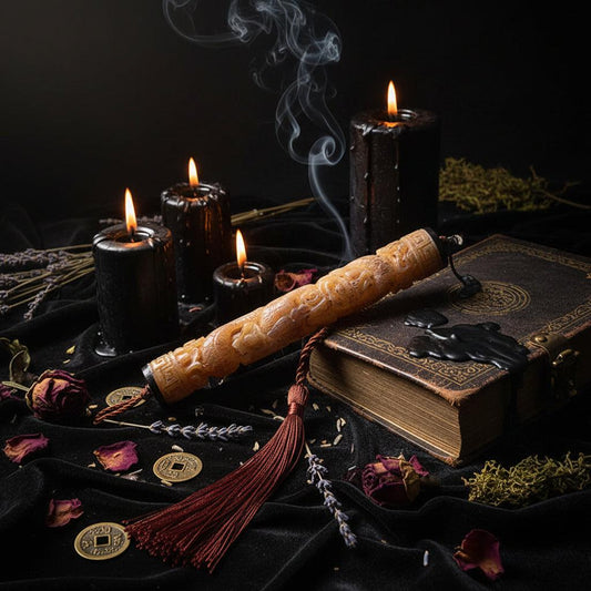 A carved wooden incense stick holder or ceremonial rod with a tassel, displayed on a woven box with a small metallic figurine behind it in a dark styled setting.