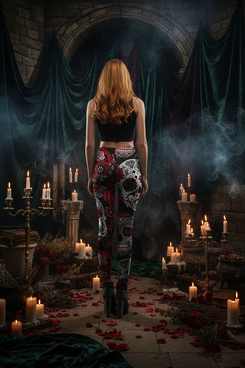 Colorful Skull Floral Leggings with Digital Print Sorceress Sanctuary