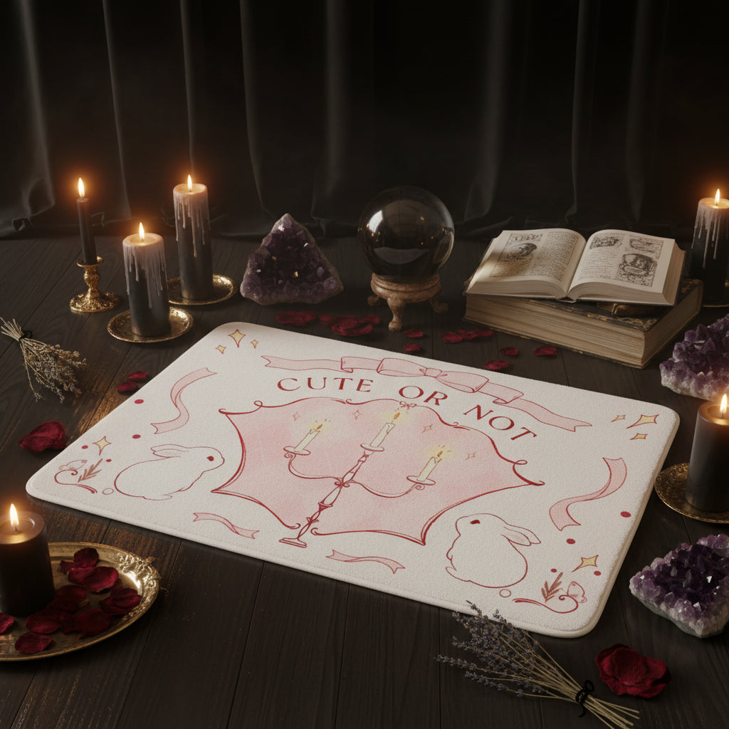 A rectangular floor mat with a cute autumn-themed illustration, featuring the text 'CUTE OR NOT' above a pink candelabra, flanked by two white rabbits and gold stars. The mat is styled on a light wood floor with a beige fabric runner at the top.