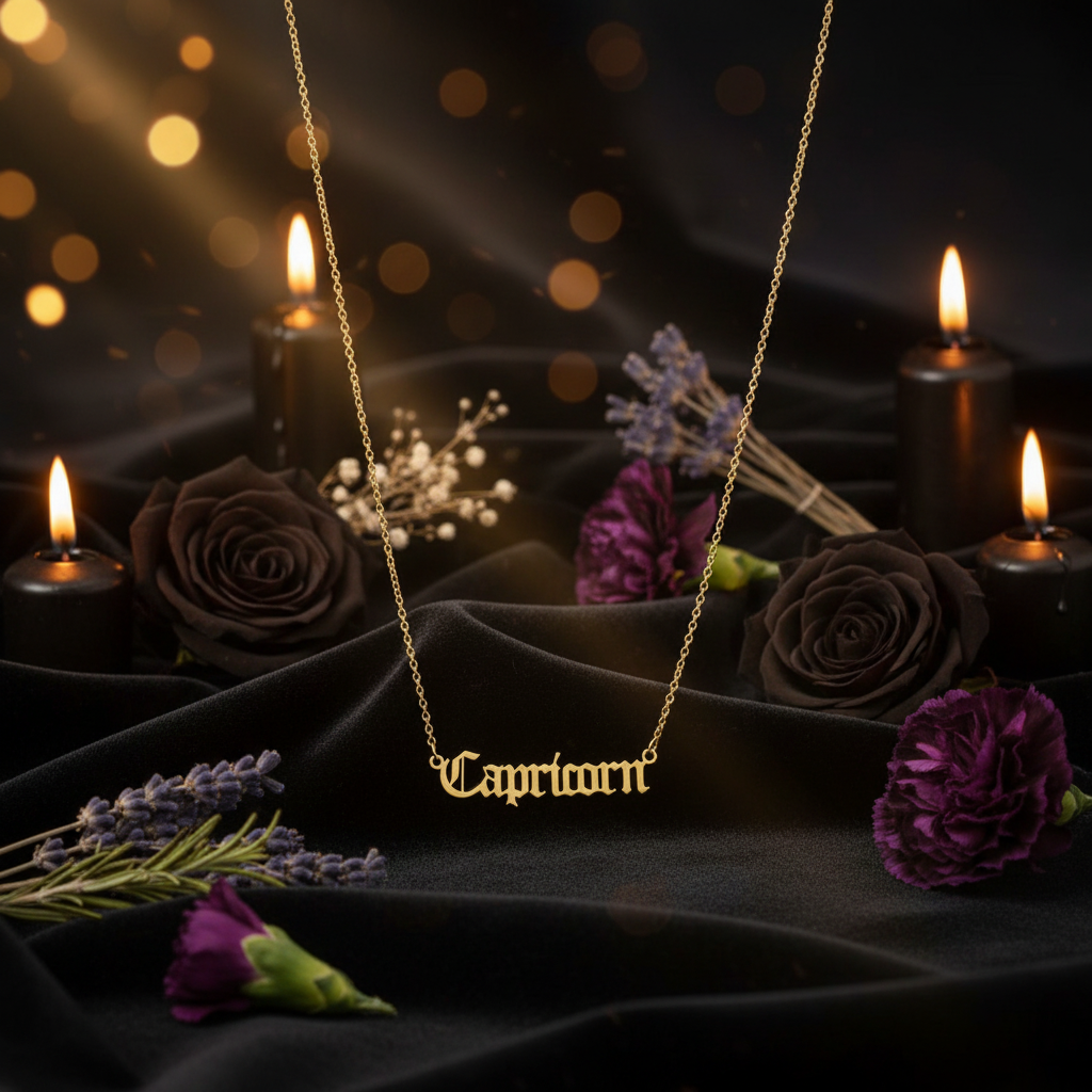 A gold nameplate necklace spelling 'Capricorn' in a gothic font, suspended from a delicate gold chain against a solid black background.