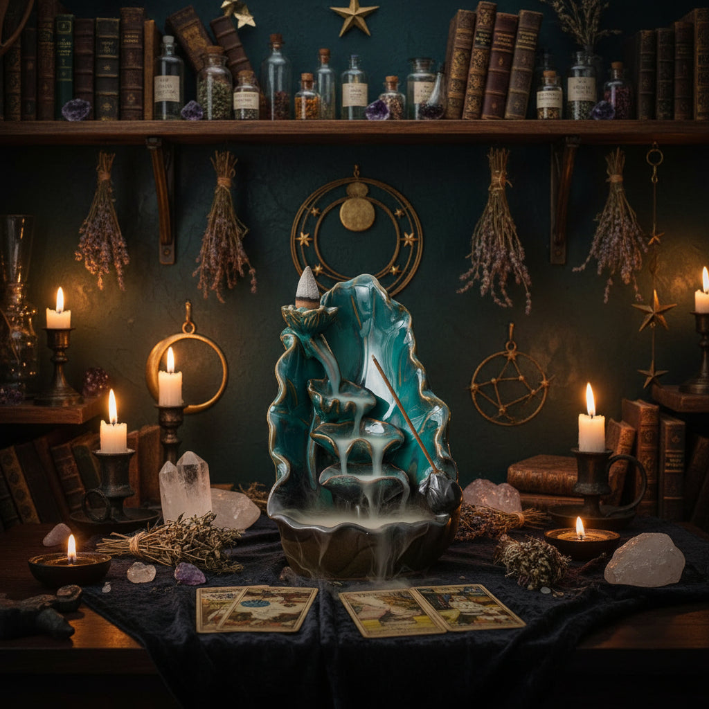 A ceramic backlit incense burner with a lotus flower design, featuring teal, green, and black glazes with gold accents, smoking incense sticks, and a white conical incense tip, displayed on a wooden surface against a dark gray background.