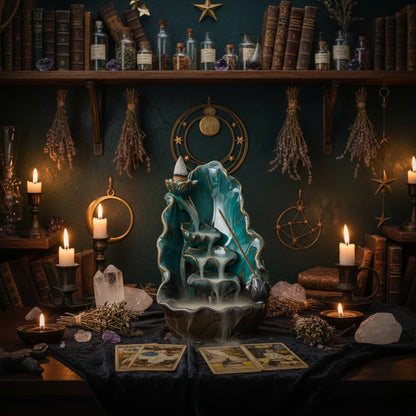 A ceramic backlit incense burner with a lotus flower design, featuring teal, green, and black glazes with gold accents, smoking incense sticks, and a white conical incense tip, displayed on a wooden surface against a dark gray background.