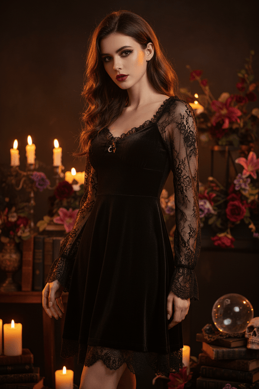 A black velvet mini dress with sheer black lace long sleeves, a ruffled sweetheart neckline, and a flared skirt with lace trim, shown on a plain white background.