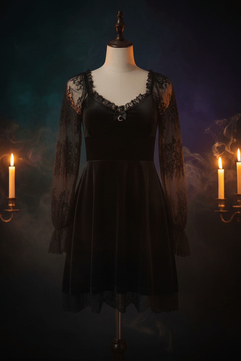A black velvet mini dress with sheer black lace long sleeves, a ruffled sweetheart neckline, and a flared skirt with lace trim, shown on a plain white background.