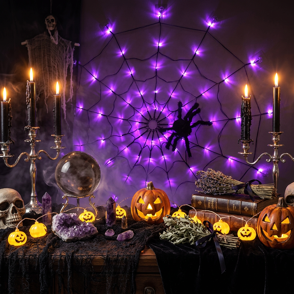Halloween-themed spider web with purple lights and a skeleton in a room.