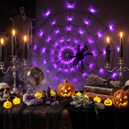 Halloween-themed spider web with purple lights and a skeleton in a room.