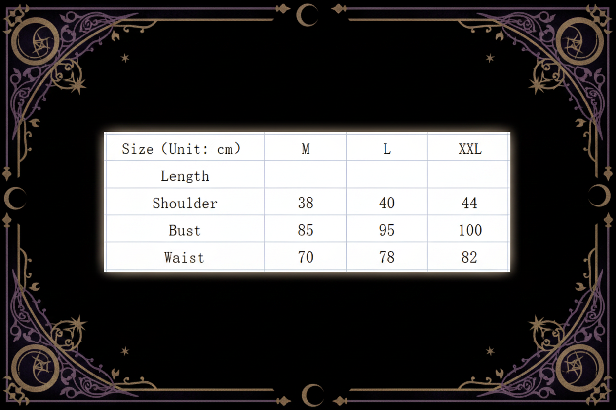 A size chart table showing measurements for sizes M, L, XL, and XXL, with columns for Size (Unit: cm), Length, Shoulder, Bust, and Waist.