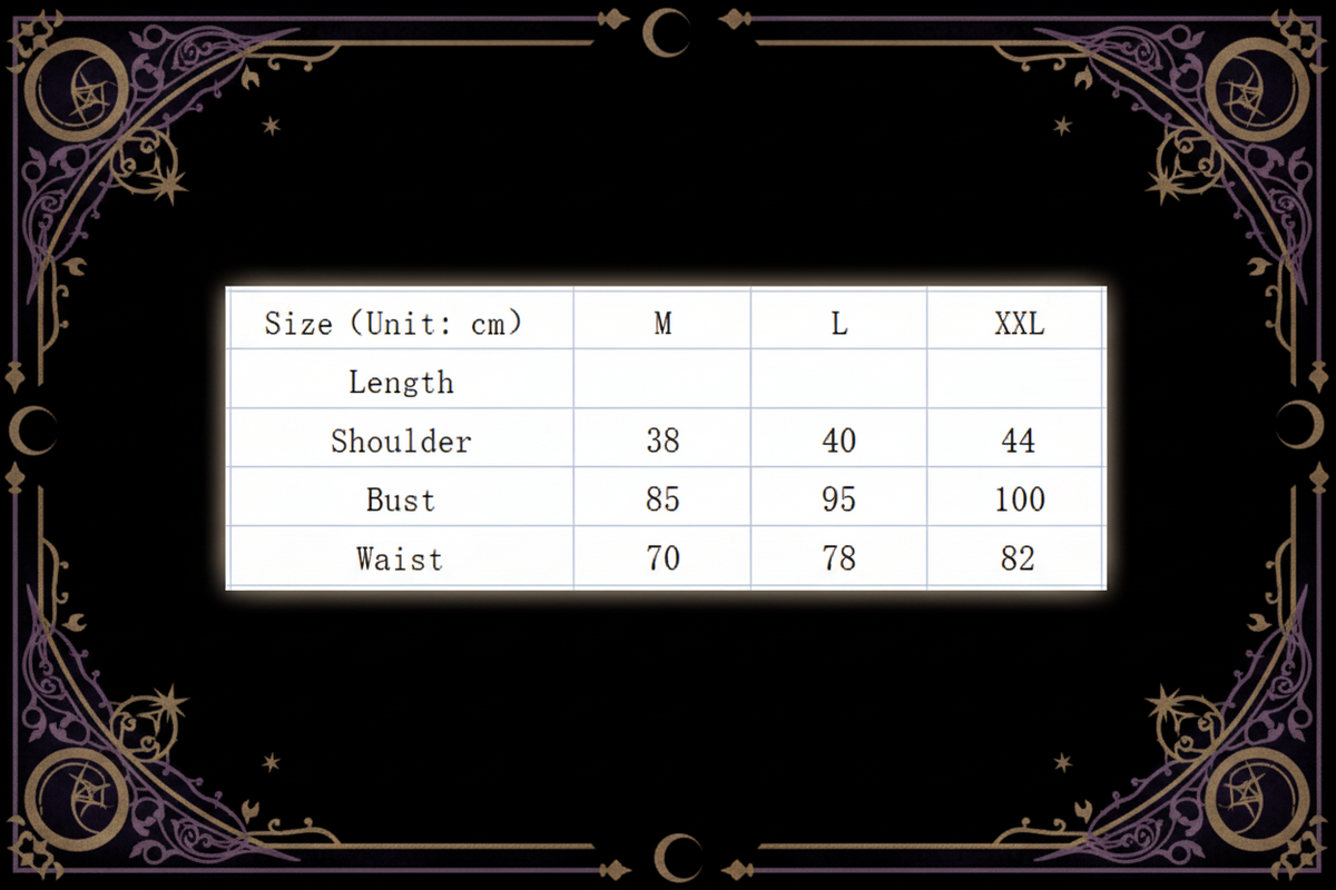 A size chart table showing measurements for sizes M, L, XL, and XXL, with columns for Size (Unit: cm), Length, Shoulder, Bust, and Waist.