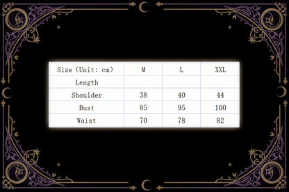 A size chart table showing measurements for sizes M, L, XL, and XXL, with columns for Size (Unit: cm), Length, Shoulder, Bust, and Waist.