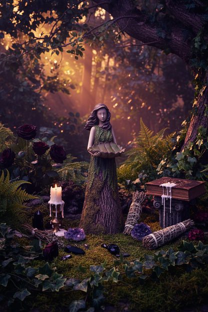 Frost Standing Girl Statue with Bird Feed Bowl Decor Sorceress Sanctuary