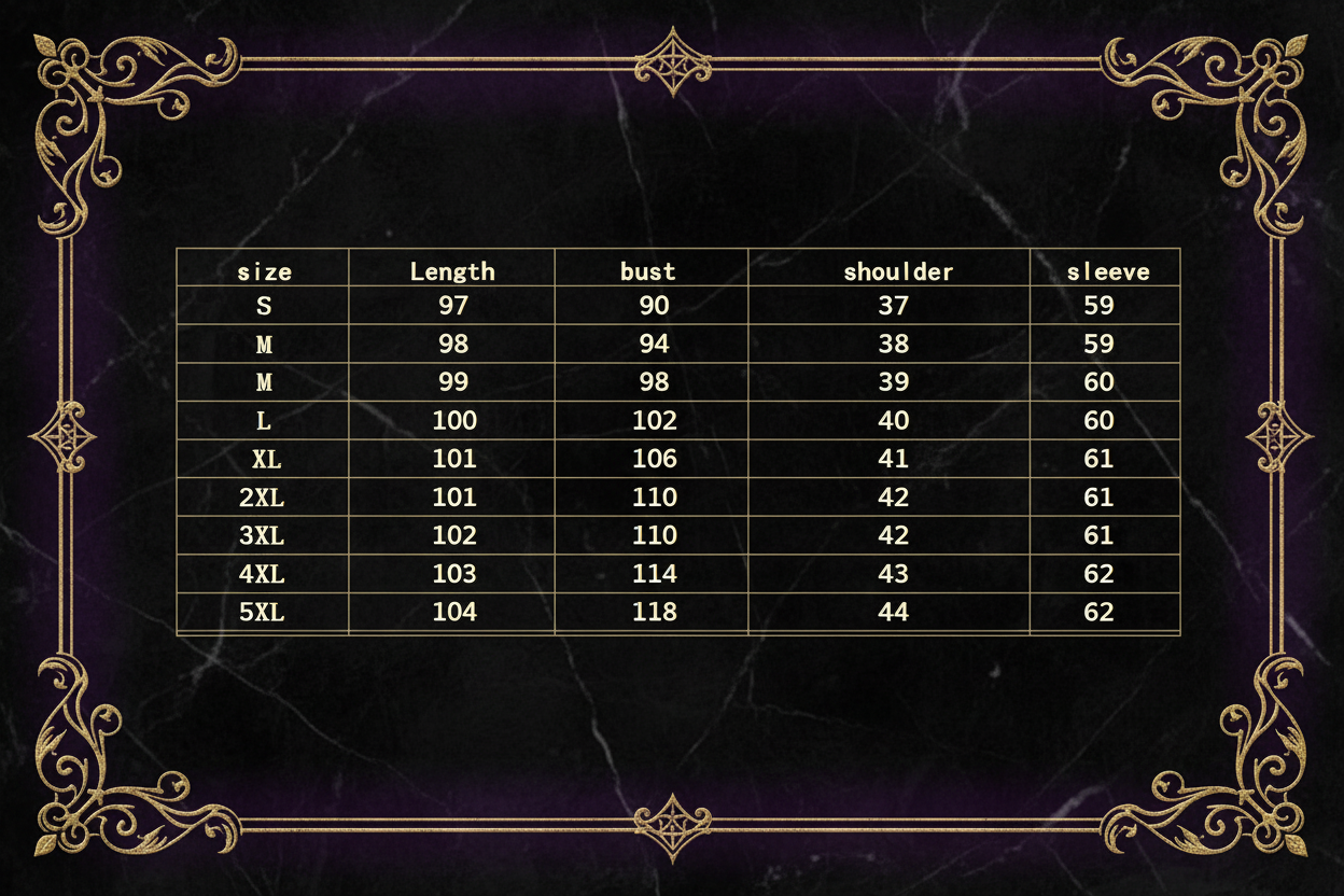 Table showing measurements for different sizes of a garment with columns for size, length, bust, shoulder, and sleeve.