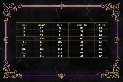 Table showing measurements for different sizes of a garment with columns for size, length, bust, shoulder, and sleeve.