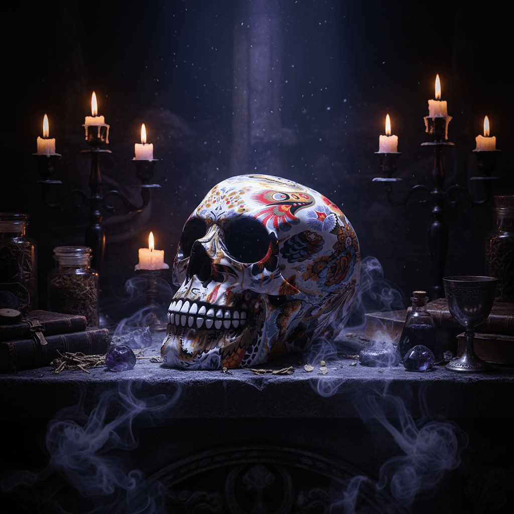 A glossy skull sculpture decorated with a vibrant, multicolored floral and folk-art pattern on a white base, set against a neutral light gray background.