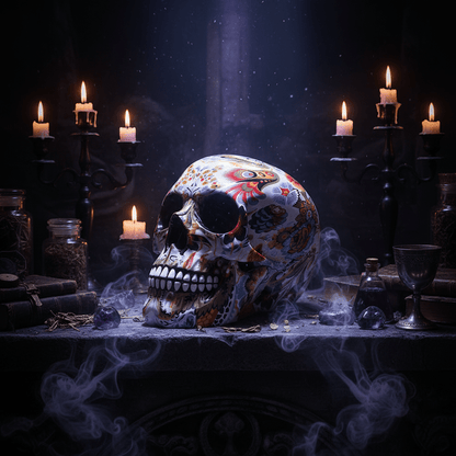 A glossy skull sculpture decorated with a vibrant, multicolored floral and folk-art pattern on a white base, set against a neutral light gray background.