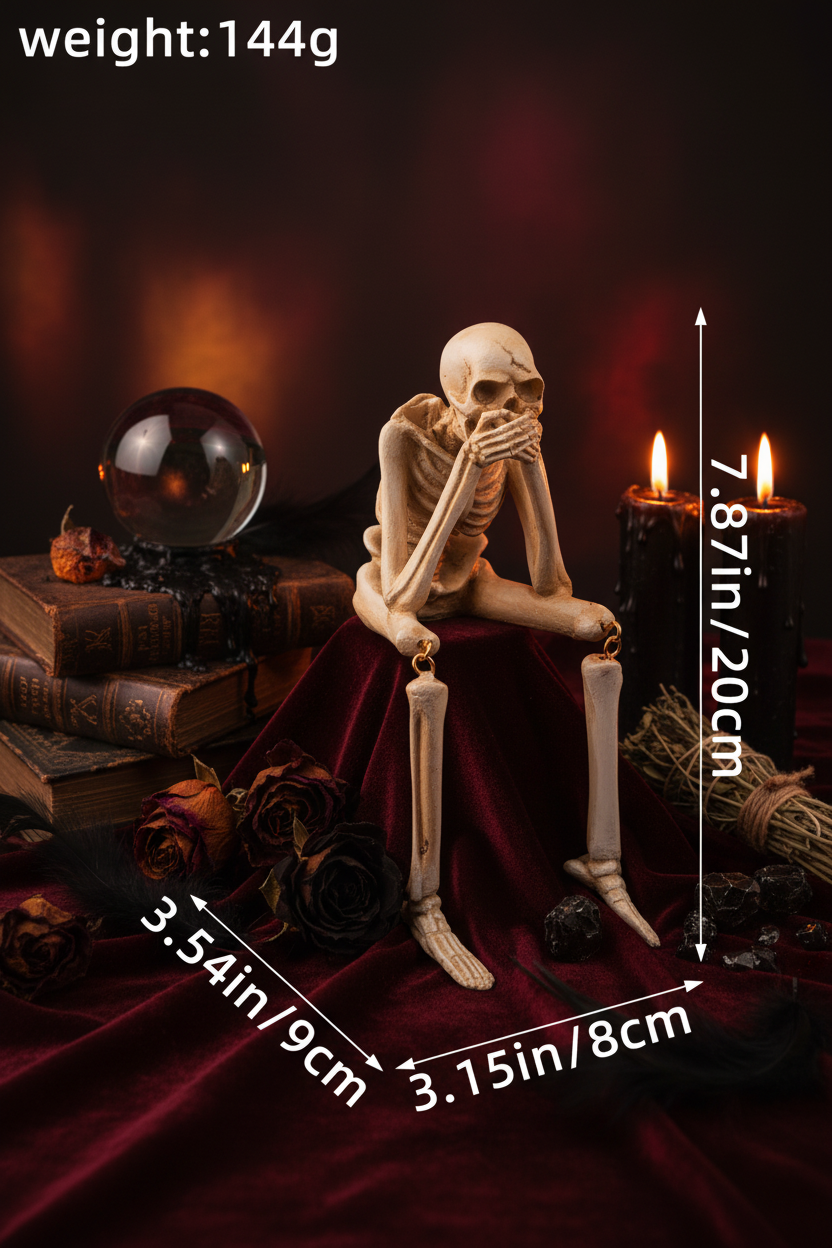 A seated human skeleton model shown on a white background with dimension arrows and text indicating height 7.87 in (20 cm), width 3.