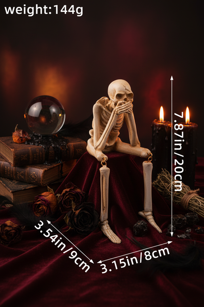 A seated human skeleton model shown on a white background with dimension arrows and text indicating height 7.87 in (20 cm), width 3.