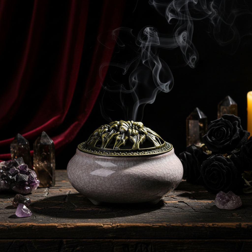 Ceramic incense burner with textured surface and decorative lid on a wooden surface.