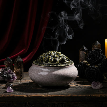 Ceramic incense burner with textured surface and decorative lid on a wooden surface.