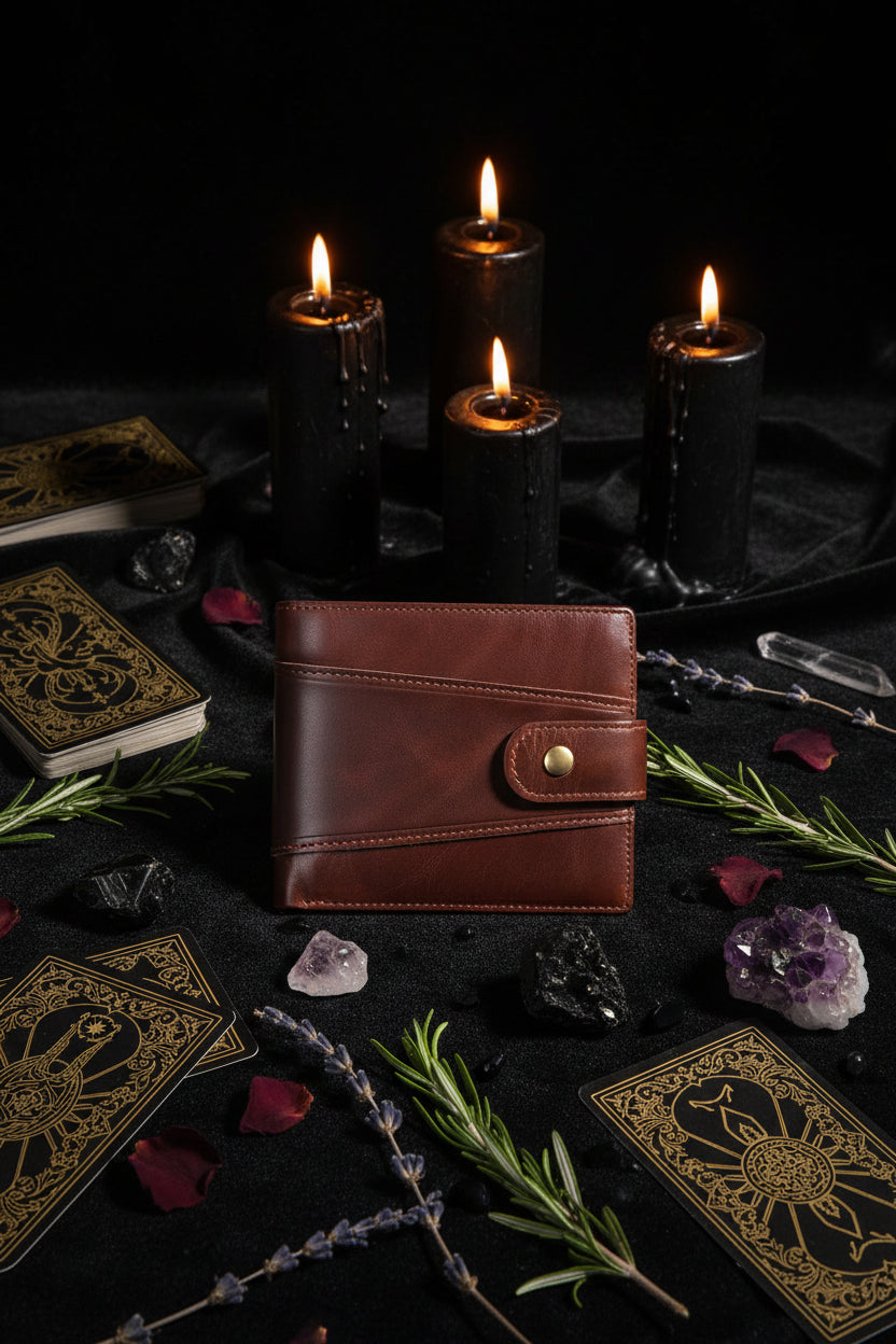 Brown leather wallet with a gold button on a white background
