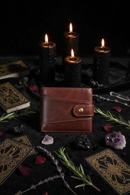 Brown leather wallet with a gold button on a white background