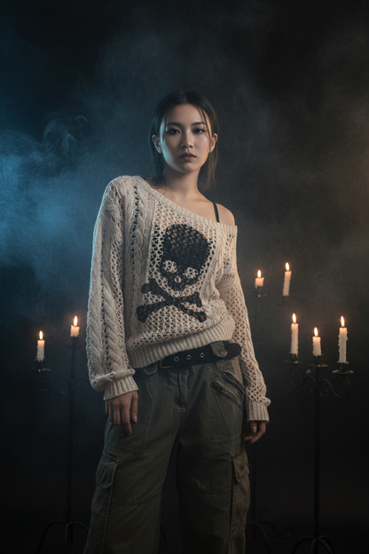 A person wearing a chunky knit off-the-shoulder sweater in cream with a large black skull and crossbones motif on the front, paired with olive cargo pants against a light wall with warm string lights.