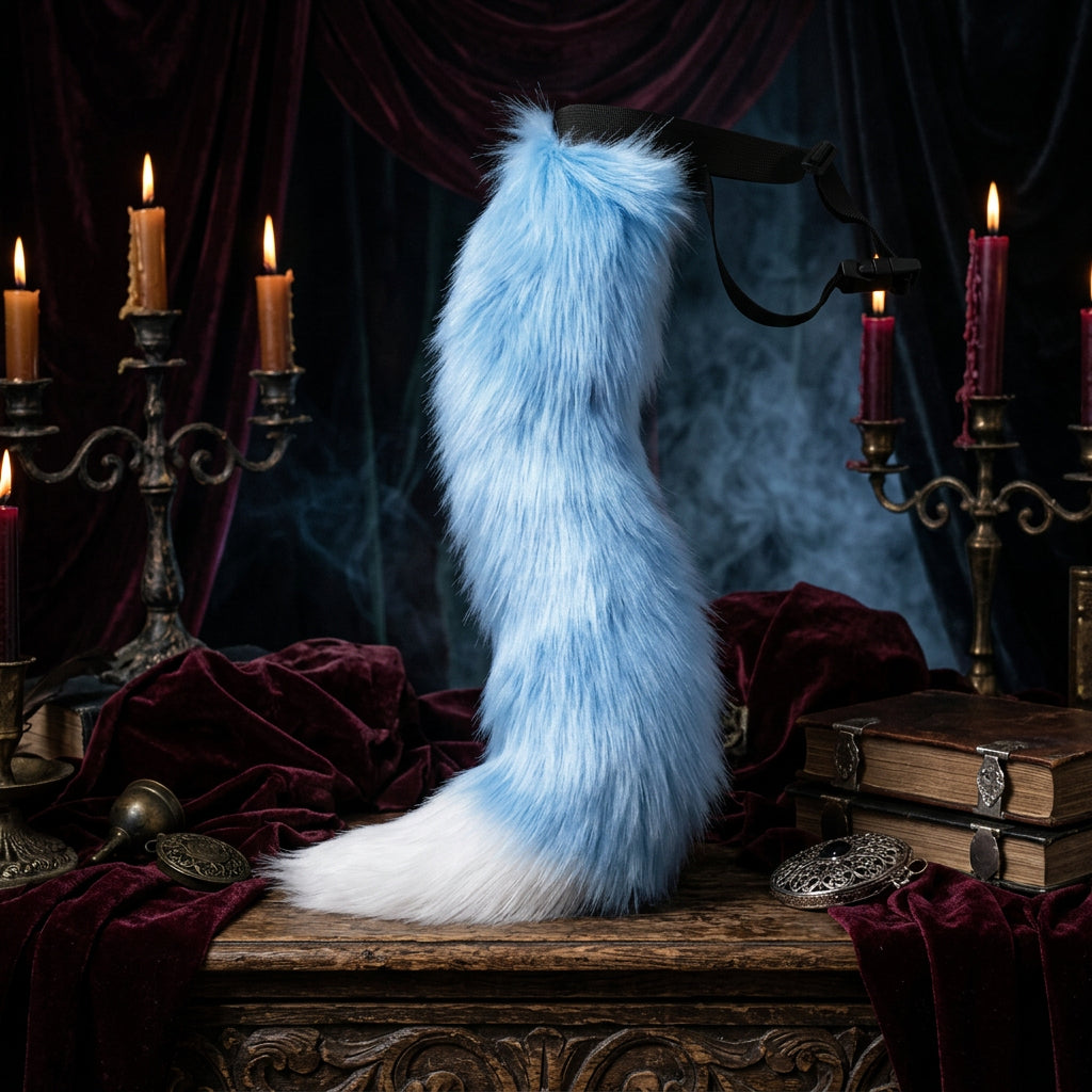 Blue faux fur tail with a black band on a white background