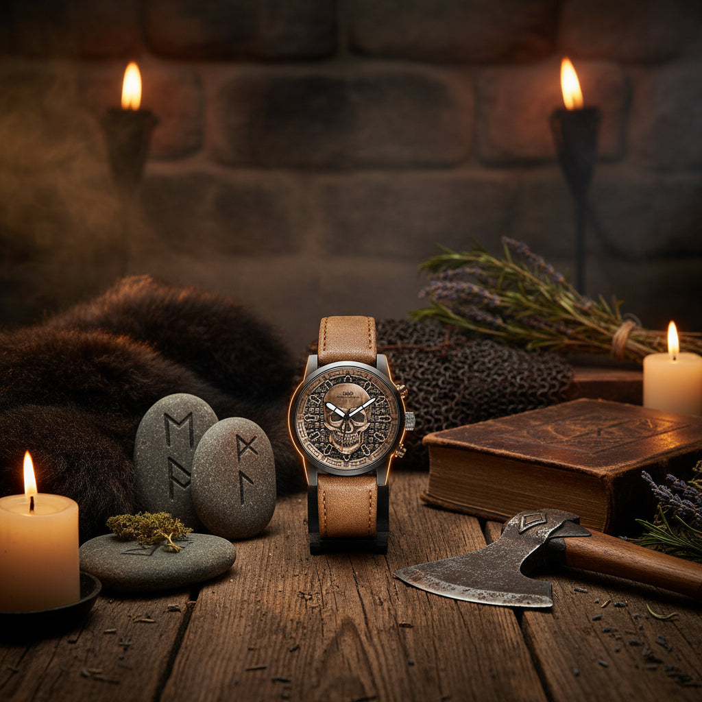 Wristwatch with skull design on the dial and brown leather strap on a white background